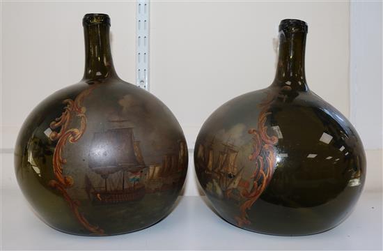 Naval Interest: A large pair of Dutch oil painted glass bottles, 30.5cm